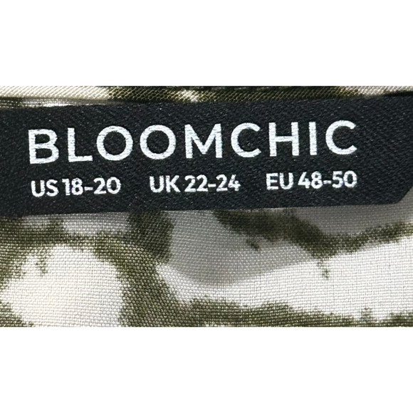 Bloomchic Dress 18-20 Midi Green Cream Abstract Balloon Sleeve V Neck Stretch - Picture 10 of 13